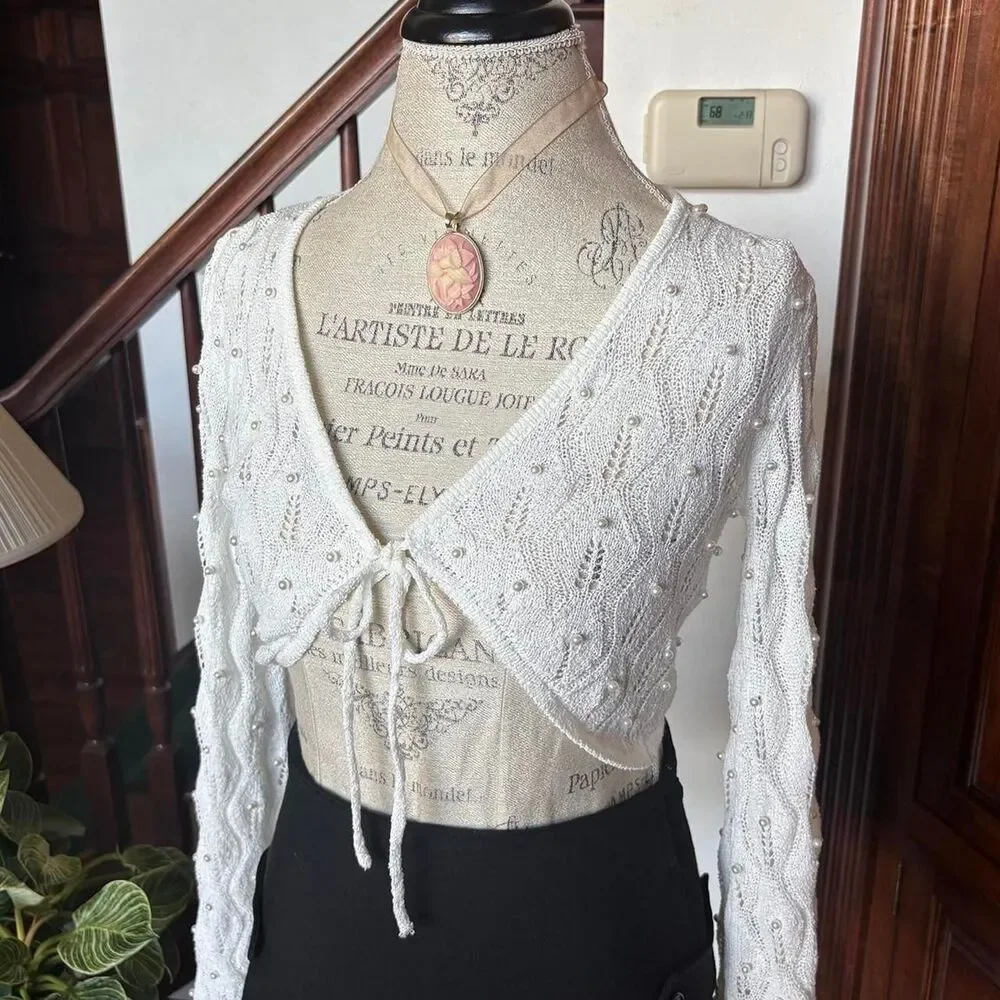 Altard State Brand New with Tags White Crop Cardigan Pearls Lace Bell Sleeve - Picture 2 of 8